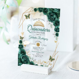Invitaciones Acrílicas Quinceanera floral de oro verde esmeralda