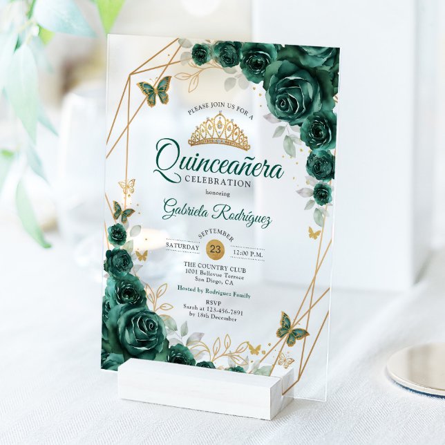 Invitaciones Acrílicas Quinceanera floral de oro verde esmeralda (Subido por el creador)