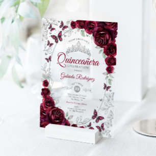 Invitaciones Acrílicas Quinceañera Floral de Plata Borgoña