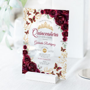 Invitaciones Acrílicas Quinceañera Floral Dorada Borgoña