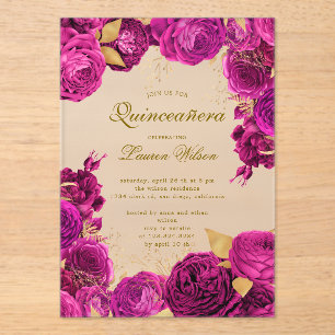 Invitaciones Acrílicas Quinceanera floral exclusiva de rosa caliente