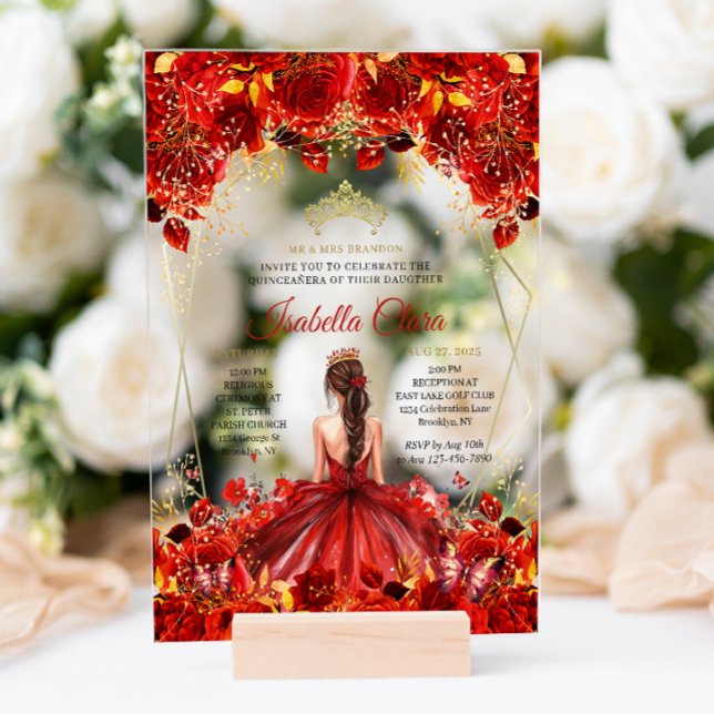 Invitaciones Acrílicas Quinceanera floral glamorosa roja y dorada (Subido por el creador)