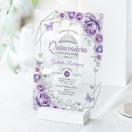 Invitaciones Acrílicas Quinceanera Floral Lilac Purple Silver