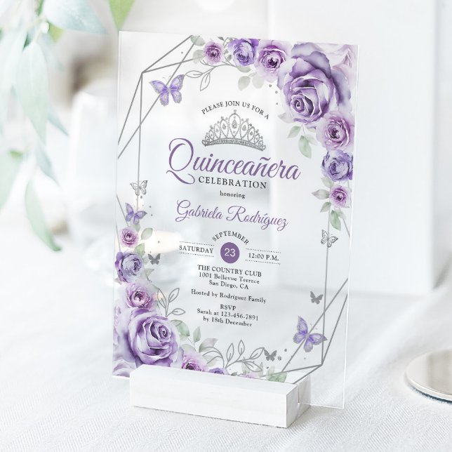 Invitaciones Acrílicas Quinceanera Floral Lilac Purple Silver (Subido por el creador)