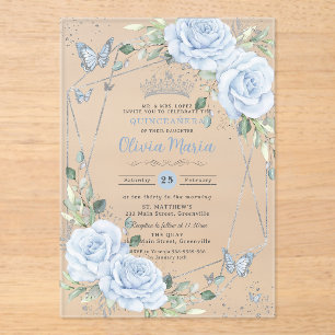 Invitaciones Acrílicas Quinceañera Floral Mariposas Azul Bebé Plata