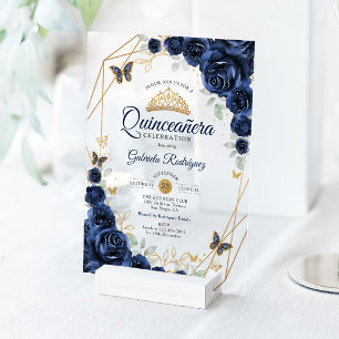 Invitaciones Acrílicas Quinceañera Floral Oro Azul Marino