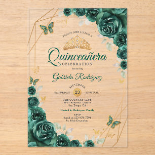 Invitaciones Acrílicas Quinceañera Floral Oro Verde Esmeralda 01