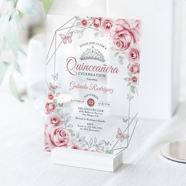 Invitaciones Acrílicas Quinceanera Floral Pink Silver (Subido por el creador)