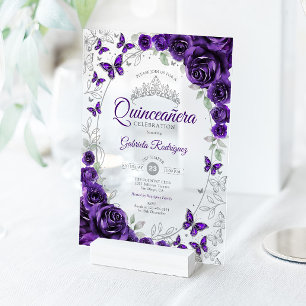 Invitaciones Acrílicas Quinceañera Floral Plateada Púrpura