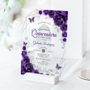 Invitaciones Acrílicas Quinceañera Floral Plateada Púrpura