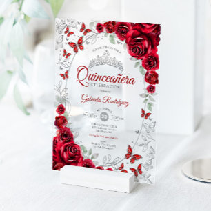 Invitaciones Acrílicas Quinceañera Floral Plateada Roja