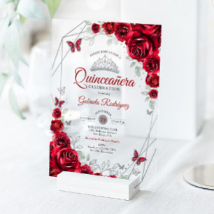 Invitaciones Acrílicas Quinceañera Floral Plateada Roja
