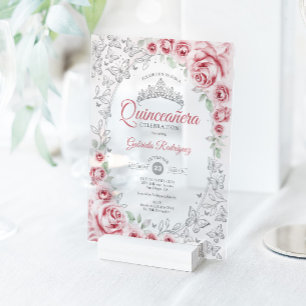 Invitaciones Acrílicas Quinceañera Floral Plateada Rosa