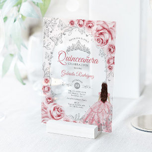 Invitaciones Acrílicas Quinceañera floral plateada rosa