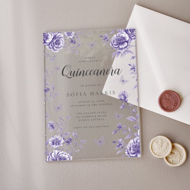 Invitaciones Acrílicas Quinceanera floral púrpura encantada (Subido por el creador)