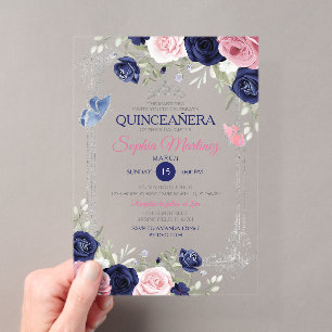 Invitaciones Acrílicas Quinceañera Floral Rosa Mariposa Azul Marino Plata
