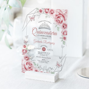 Invitaciones Acrílicas Quinceañera Floral Rosa Plateado