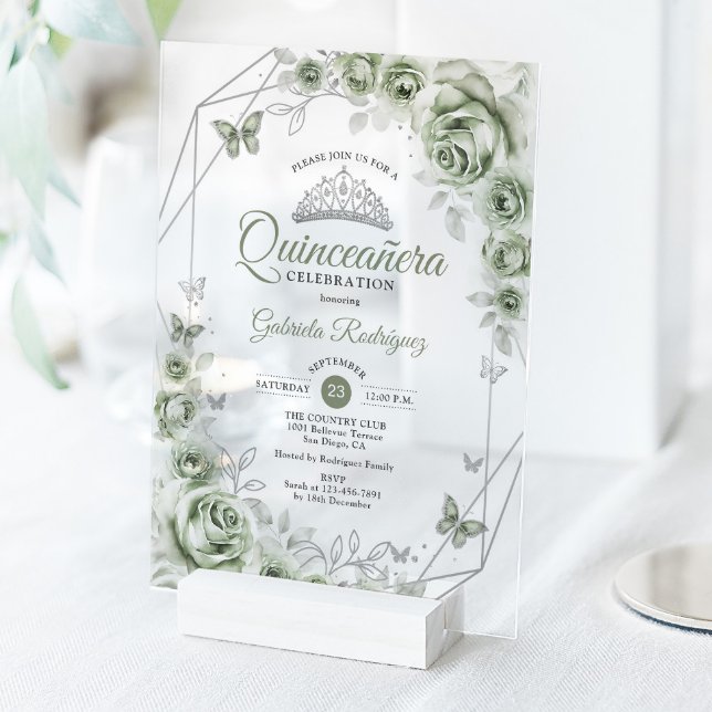 Invitaciones Acrílicas Quinceanera Floral Sage Green Silver (Subido por el creador)