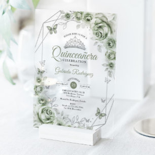 Invitaciones Acrílicas Quinceañera Floral Salvia Verde Plata
