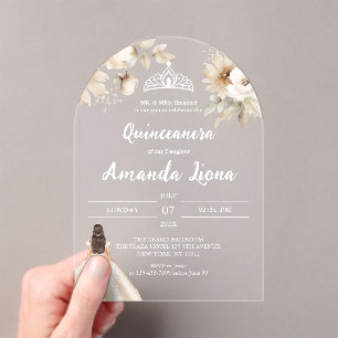 Invitaciones Acrílicas Quinceañera floral transparente acrílica