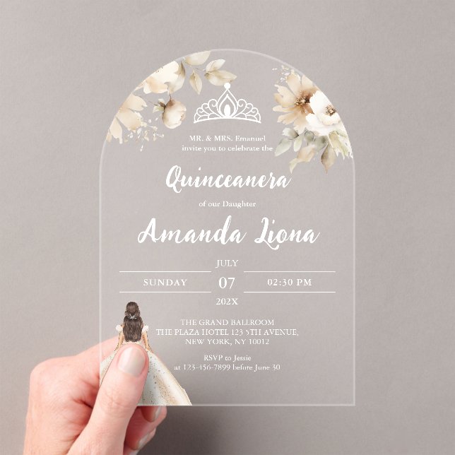 Invitaciones Acrílicas Quinceañera floral transparente acrílica (Insitu (portátil))