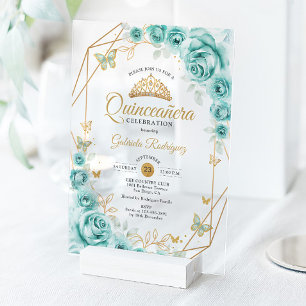 Invitaciones Acrílicas Quinceañera Floral Turquesa Dorado