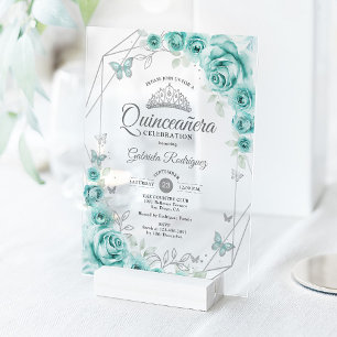 Invitaciones Acrílicas Quinceañera Floral Turquesa Plata