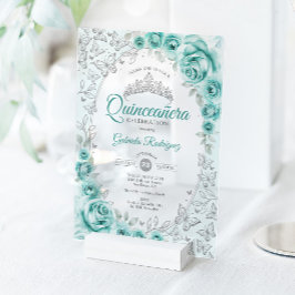 Invitaciones Acrílicas Quinceañera Floral Turquesa y Plata