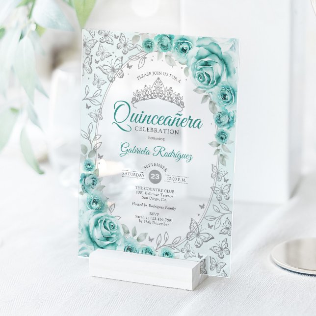Invitaciones Acrílicas Quinceañera Floral Turquesa y Plata (Subido por el creador)