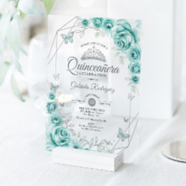 Invitaciones Acrílicas Quinceanera Floral Turquoise Silver