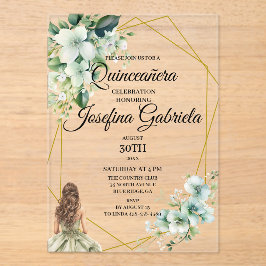Invitaciones Acrílicas Quinceañera floral verde