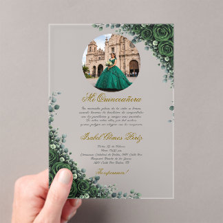 Invitaciones Acrílicas Quinceañera floral verde esmeralda con imagen