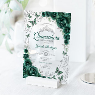 Invitaciones Acrílicas Quinceañera Floral Verde Esmeralda y Plata