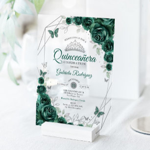 Invitaciones Acrílicas Quinceañera Floral Verde Esmeralda y Plata