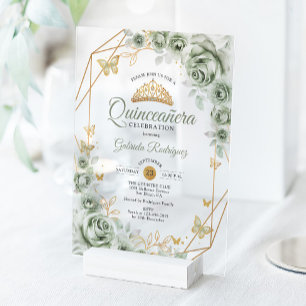 Invitaciones Acrílicas Quinceañera Floral Verde Salvia Dorado
