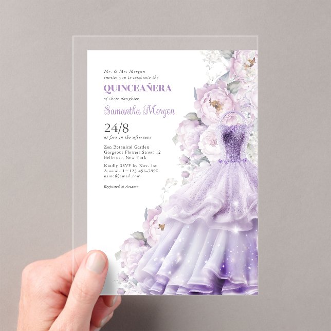 Invitaciones Acrílicas Quinceanera Flores Púrpuras Vestido de pelota form (Insitu (portátil))