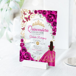 Invitaciones Acrílicas Quinceanera Fuchsia Pink Gold Floral