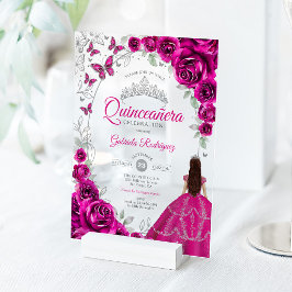 Invitaciones Acrílicas Quinceanera Fuchsia Pink Silver Floral