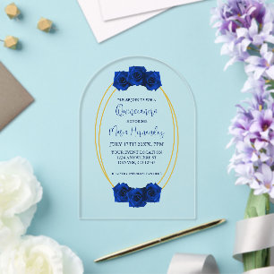 Invitaciones Acrílicas Quinceañera geométrica azul real y dorada