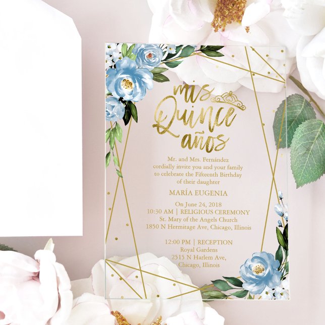 Invitaciones Acrílicas Quinceañera geométrica de floral azul turbio (Subido por el creador)