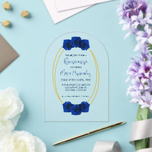 Invitaciones Acrílicas Quinceañera geométrica real azul y oro