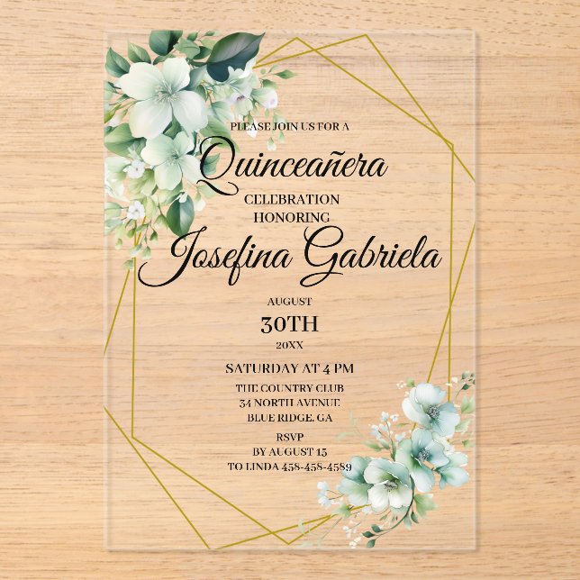Invitaciones Acrílicas Quinceanera green floral (Anverso)