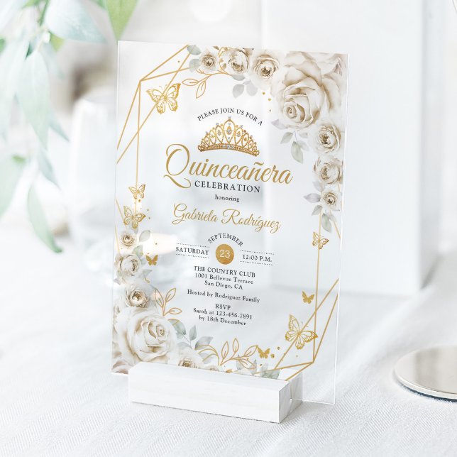 Invitaciones Acrílicas Quinceanera Ivory  Gold Cream Floral (Subido por el creador)