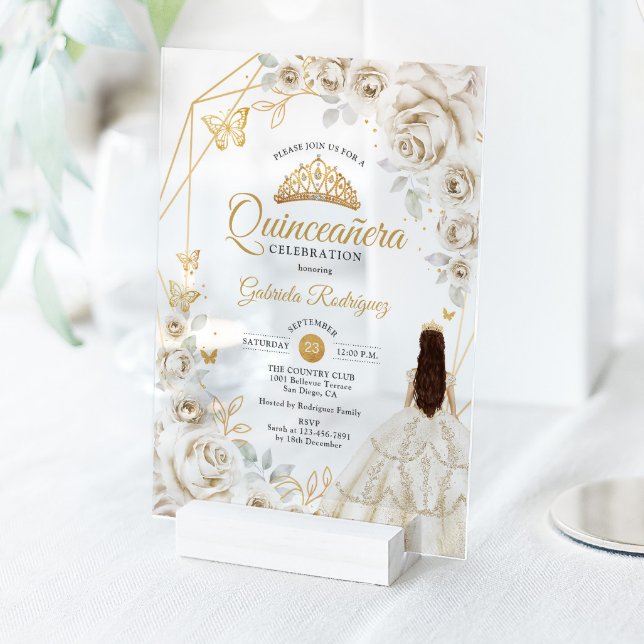 Invitaciones Acrílicas Quinceanera Ivory Gold Cream White Floral Dress (Subido por el creador)