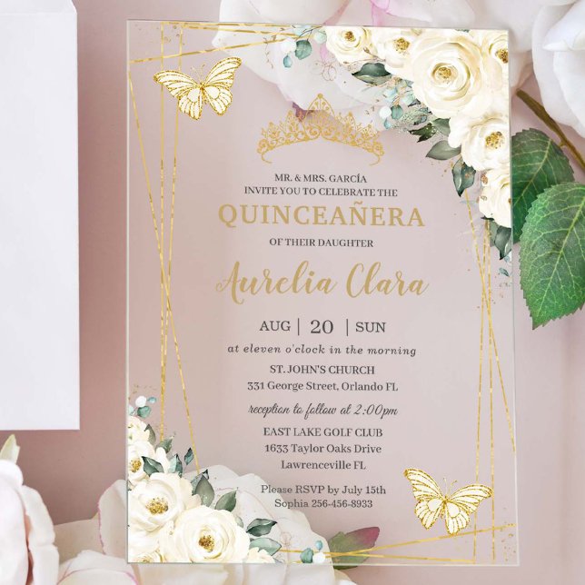 Invitaciones Acrílicas Quinceañera Ivory White Floral Butterflies Crown (white-ivory-floral-flowers-butterflies-gold-quinceanera-budget-friendly-acrylic-invitation)