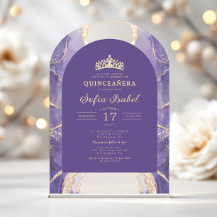 Invitaciones Acrílicas Quinceañera Lavanda Púrpura Ágata Dorada Elegante