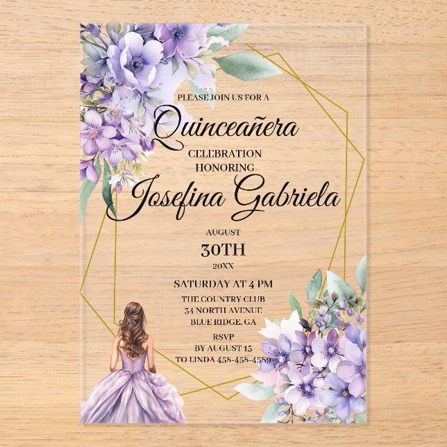 Invitaciones Acrílicas Quinceanera Lavender floral  (Anverso)