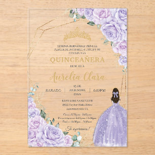 Invitaciones Acrílicas Quinceañera Lila Floral 15 Años Padrinos