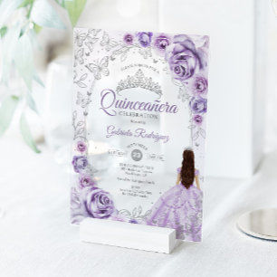 Invitaciones Acrílicas Quinceañera Lila Plata Floral