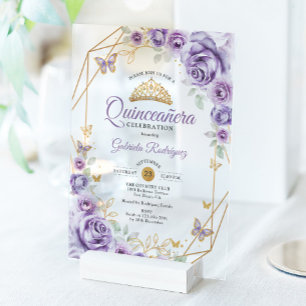 Invitaciones Acrílicas Quinceañera Lila Púrpura Floral